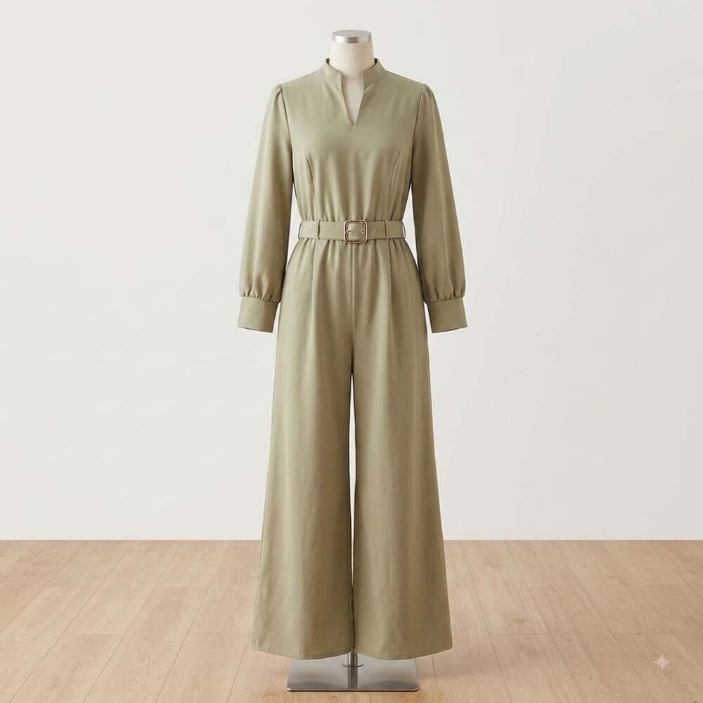 Women's Long Sleeve Belted Wide Leg Jumpsuit